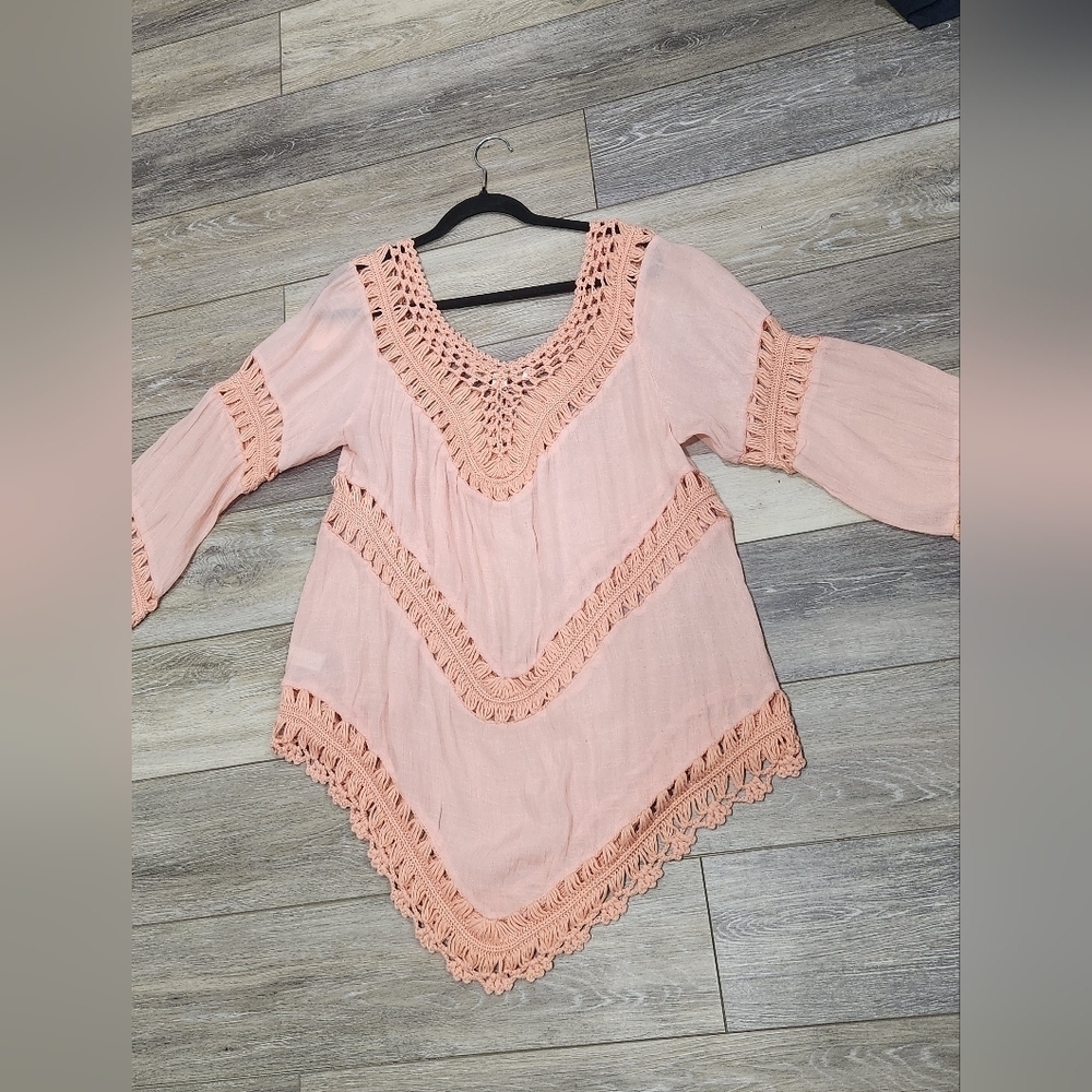 Boston Proper Coral Crochet Accent Tunic Size Xlarge Summer Boho - Picture 8 of 8